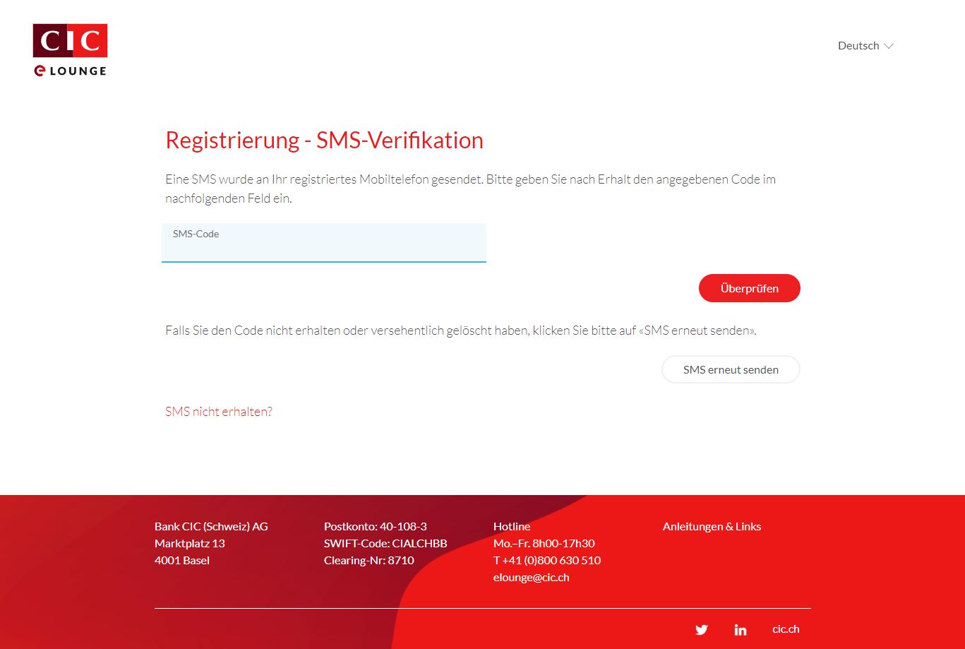 Registrierung Schritt 2 - SMS Verifikation